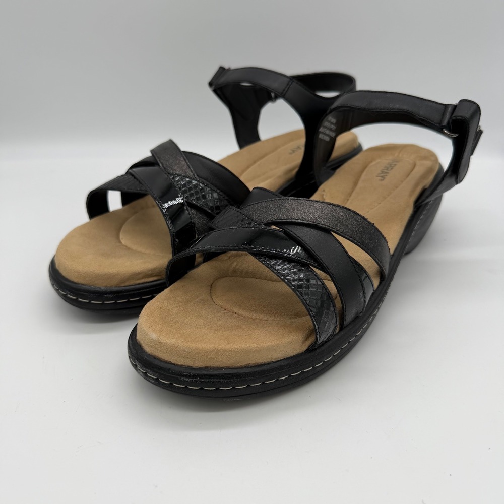 Array Womens Black Leather Strappy Wedge Comfort Sandals 9.5M 1384856